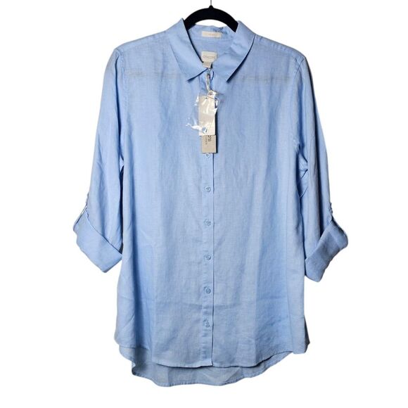 Chico's Tops - NWT Chico's L 12 Blue Linen Button Up Shirt 3/4 Sleeve Roll Tab Classic Coastal
